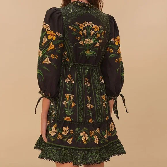 FARM Rio Black Flowers Arch Lenzing™ Ecovero™ Euroflax™ Mini Dress XL NWT - Picture 3 of 5